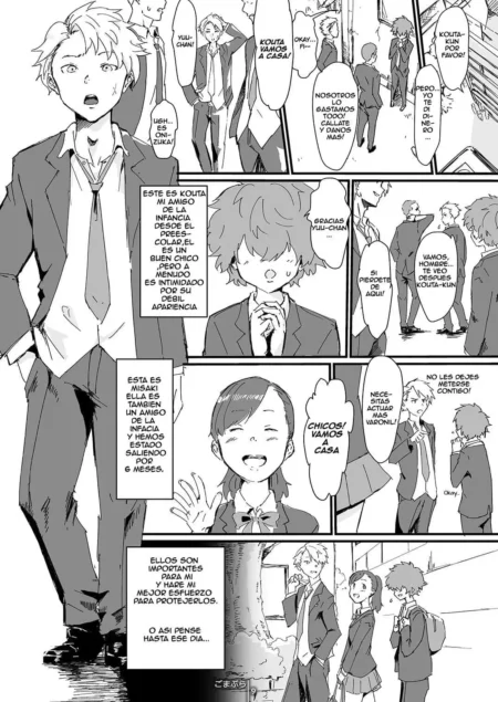 Página de manga con jóvenes estudiantes en uniforme escolar conversando en pasillos y exteriores de una academia.