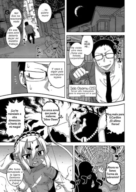 Página de manga con un hombre oficinista siendo transportado a un mundo fantástico por una elfa demonio erótica.