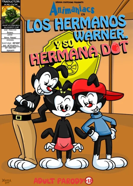 Los hermanos Warner y Dot en portada de parodia erótica adulta de Xierra099 con estética de dibujo animado.