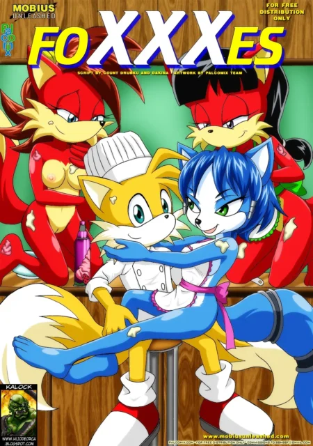 Tails cocinero abraza a una zorra azul desnuda con pechos grandes mientras dos zorras rojas eróticas los observan.