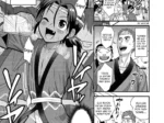 Personaje masculino con hachimaki y yukata abierta revelando su pene erecto y fundoshi durante un festival japonés.