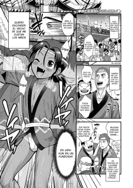 Personaje masculino con hachimaki y yukata abierta revelando su pene erecto y fundoshi durante un festival japonés.