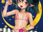 Riko, elfo con coletas negras y bikini rosa, sentada con piernas abiertas mostrando su vulva y medias rayadas.