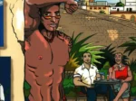 Hombre musculoso y moreno con sarong azul y gafas, torso desnudo y vello púbico asomando en terraza de Ibiza.