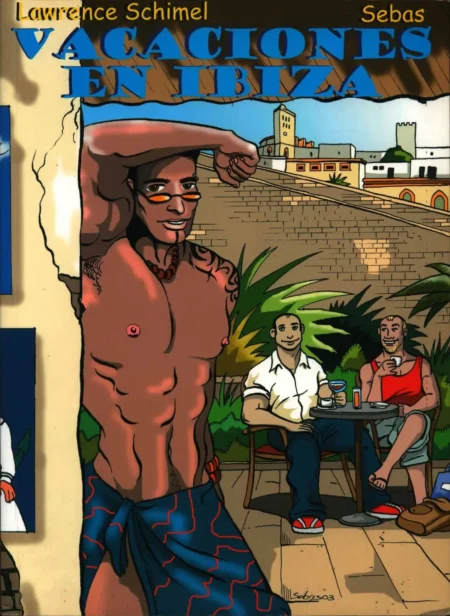 Hombre musculoso y moreno con sarong azul y gafas, torso desnudo y vello púbico asomando en terraza de Ibiza.
