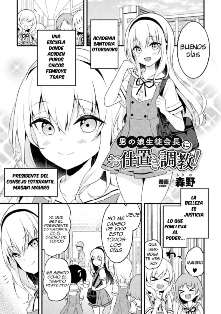 Manga de femboys travestis en escuela con Masaki Mahiro, presidente estudiantil con apariencia femenina y ropa de colegiala.