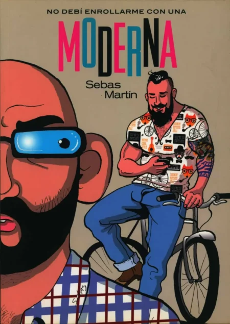 Portada de cómic con hombre barbudo en bicicleta y primer plano de rostro con gafas, sugiriendo encuentros sexuales modernos.