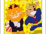 Versión chibi de Endeavor y All Might en portada de My Hero Academia Misión Secreta sobre fondo amarillo con puntos.