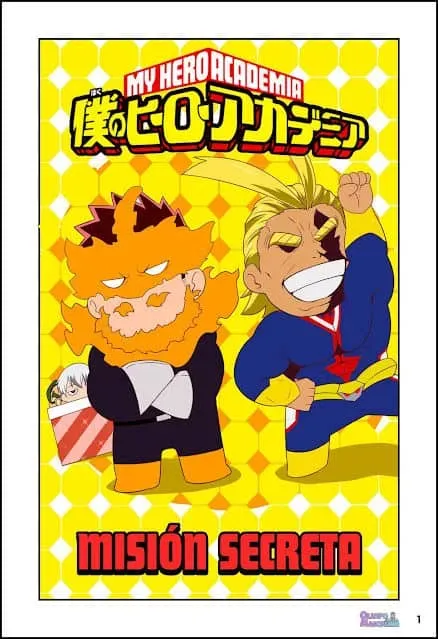 Versión chibi de Endeavor y All Might en portada de My Hero Academia Misión Secreta sobre fondo amarillo con puntos.