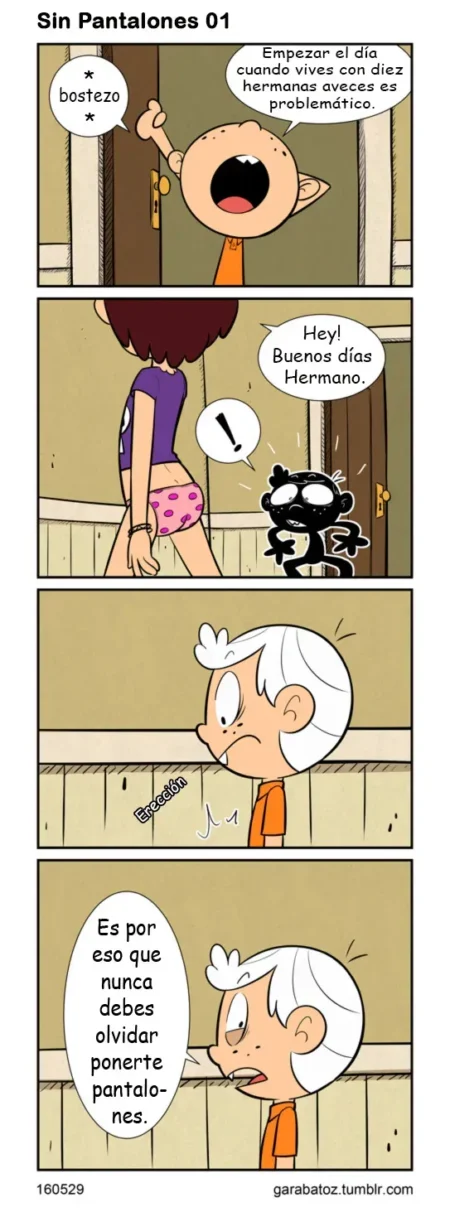 Cómic de Lincoln Loud sorprendido por su hermana en ropa interior rosa ajustada marcando sus glúteos sin pantalones.