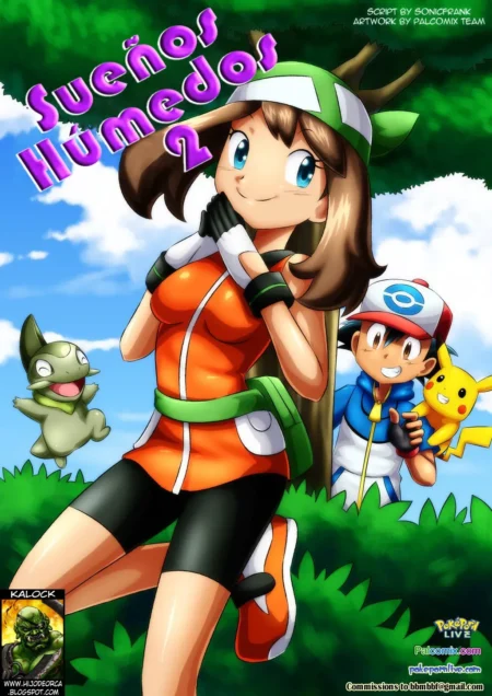 Serena de Pokémon con busto pronunciado y ropa ajustada posando provocativa junto a Ash y Pikachu en un bosque.