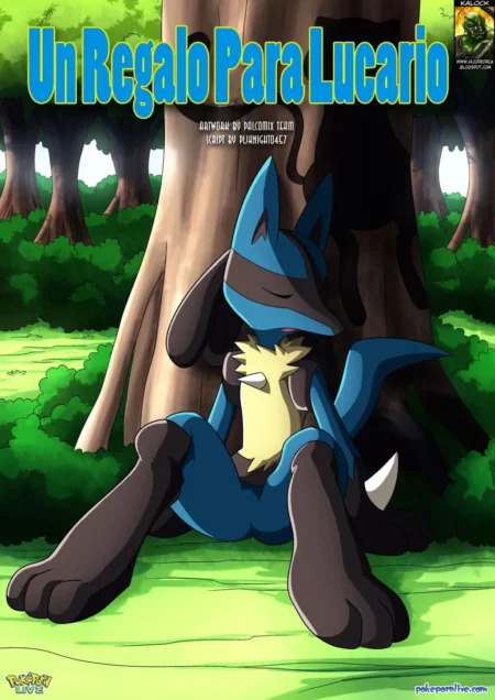 Lucario antropomórfico azul sentado contra un árbol en el bosque con los muslos abiertos y expresión placentera.