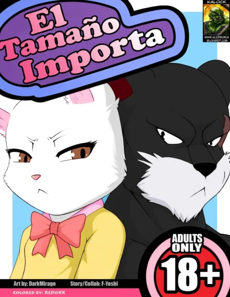 Gata blanca pequeña y oso negro gigante con mirada lujuriosa en portada erótica de El Tamaño Importa para adultos.
