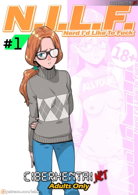 Portada de Nilf de Tekuho con chica nerd con gafas y jersey gris junto a su versión desnuda y excitada.