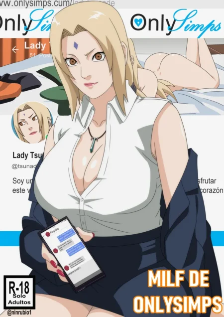 Tsunade de Onlysimps con blusa blanca abierta, pechos grandes expuestos y falda corta sosteniendo un teléfono móvil.