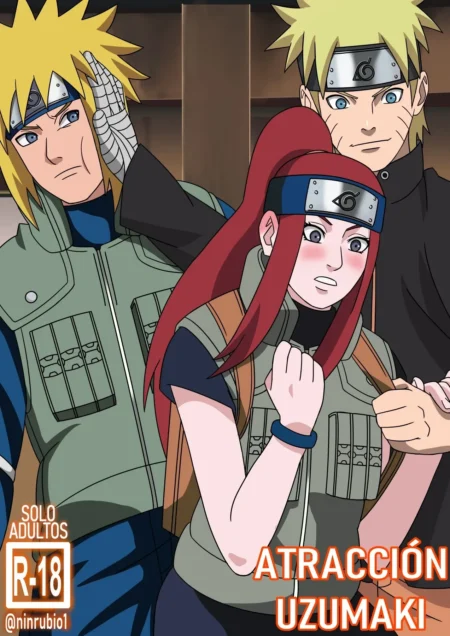 Kushina Uzumaki entre Minato y Naruto, lista para un encuentro sexual incestuoso y explícito en Atracción Uzumaki.
