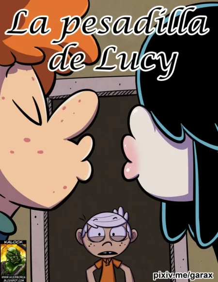 Lucy y Lincoln a punto de besarse mientras un personaje observa sorprendido en La pesadilla de Lucy de Garabatoz.
