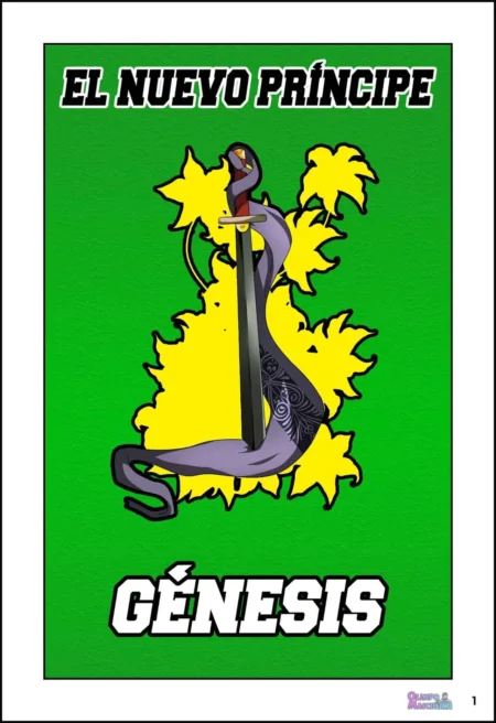 Portada de El Nuevo Príncipe Génesis con una espada atravesada por un pene erguido y venoso sobre fondo verde y amarillo.