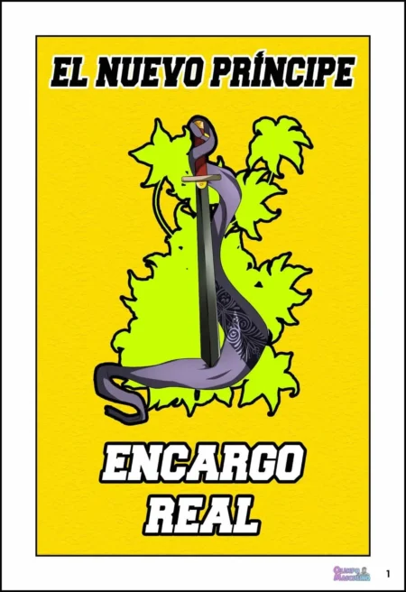 Portada de El Nuevo Príncipe: Encargo Real con espada clavada en pene erecto y eyaculando sobre fondo amarillo.