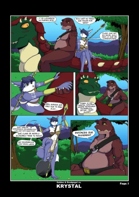 Cómic NSFW de Krystal, una zorra azul, junto a dos reptiles antropomorfos obesos y musculosos en un entorno selvático.