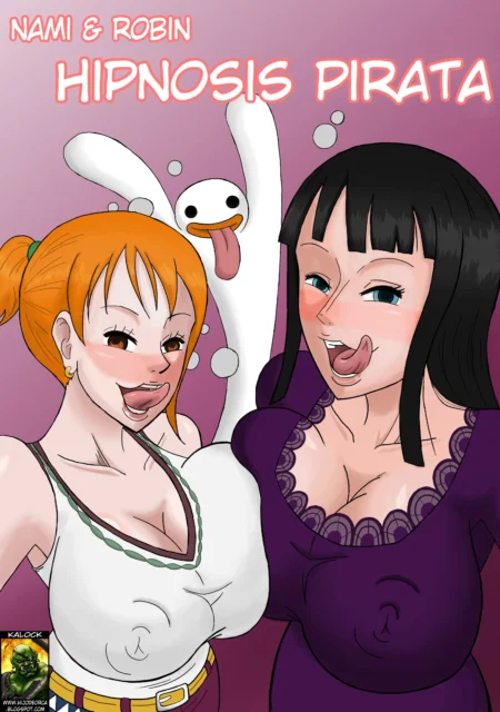 Nami y Robin hipnotizadas con lengua fuera y pechos grandes expuestos en ropa ajustada junto a un espíritu blanco.