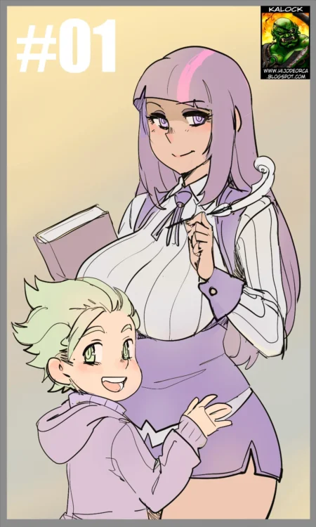 Mujer anime de pechos gigantes y falda corta abrazando a un joven rubio en dibujo erótico de El Brazalete Vol.1.