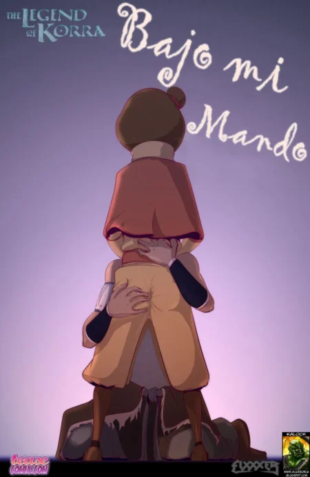 Mako acaricia los glúteos desnudos de Korra mientras ella está sentada sobre él en una pose sexual.