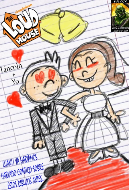 Dibujo de Lincoln y Luan vestidos de novios con corazones y ropa interior femenina amarilla flotando arriba.