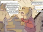 Dos lobos antropomorfos discuten en una oficina mientras uno revisa cajas en un cómic yaoi furry explícito.