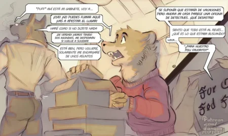 Dos lobos antropomorfos discuten en una oficina mientras uno revisa cajas en un cómic yaoi furry explícito.