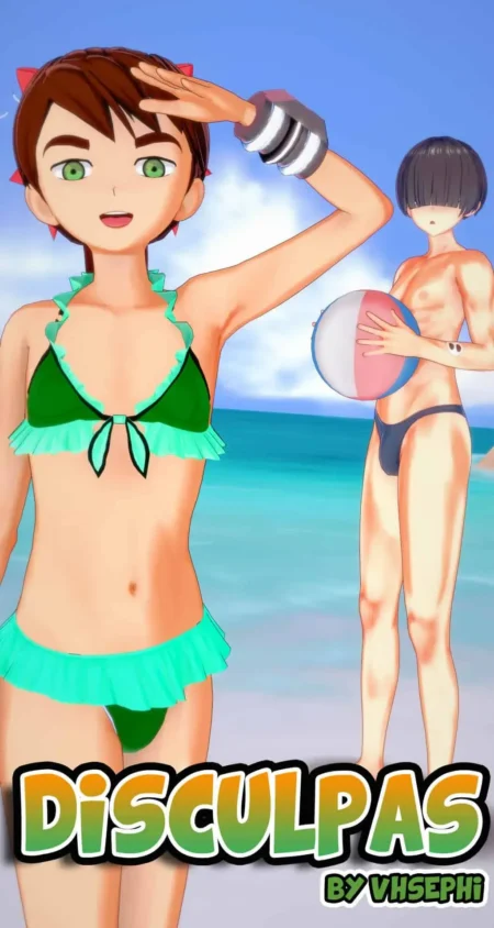 Dos mujeres anime en bikini en la playa, una con pechos grandes y otra saludando, texto Disculpas by Vhsephi abajo.