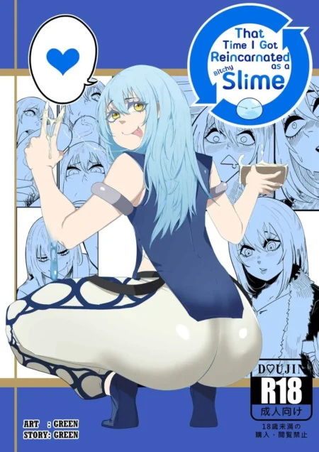 Mujer peliazul de That Time I Got Reincarnated as a Slime en cuclillas mostrando sus glúteos y lengua con fluidos sexuales.