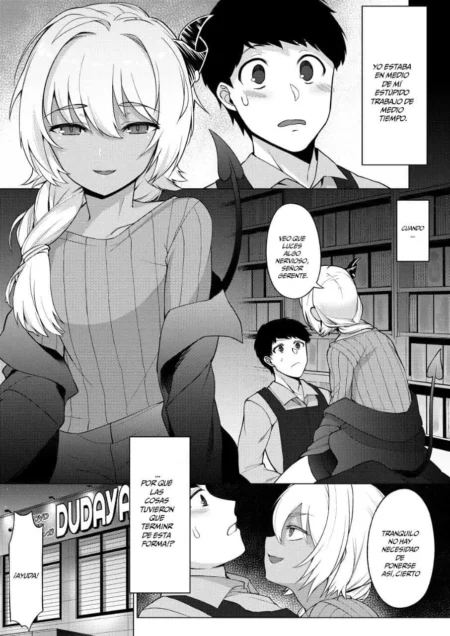 Pareja de manga en actitud sugerente con una chica rubia seduciendo a un joven en un entorno laboral.