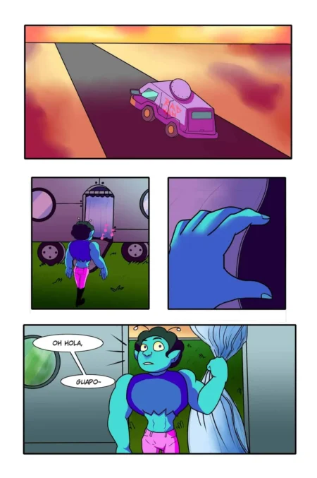 Musculoso alienígena azul con pantalones rosas entrando a una furgoneta rosa para tener sexo explícito.