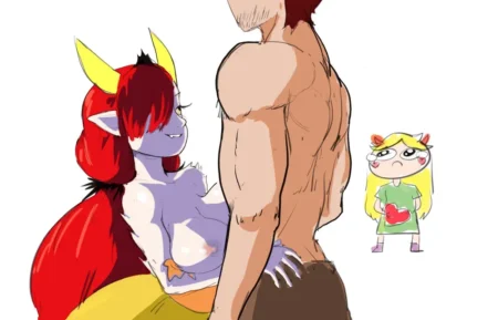 Súcubo pelirroja con cuernos besando y apretando los pectorales de un hombre musculoso mientras una rubia observa.