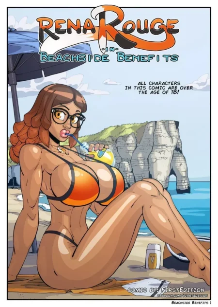 Rena Rouge con gafas y bikini naranja ajustado posando desnuda de abajo en la playa con pechos gigantes y vulva expuesta.