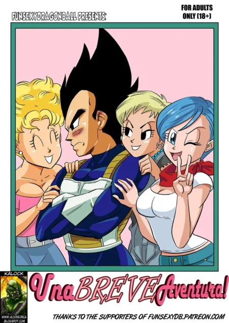 Vegeta rodeado por Bulma y dos mujeres rubias y peliazul con escotes pronunciados en el cómic Una Breve Aventura.