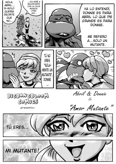 Cómic erótico de April O'Neil besando apasionadamente a Donatello en Amor Mutante.