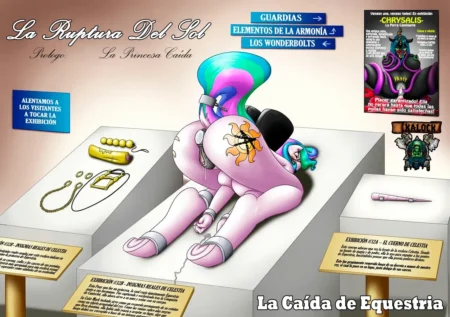 Princesa Celestia desnuda y expuesta en una vitrina de museo con el culo hacia arriba y el clítoris estimulado por un anillo.