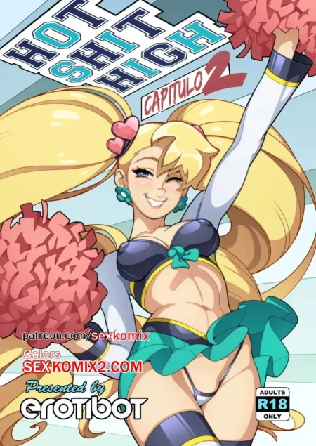 Animé de animadora rubia con top corto y tanga mínima exhibiendo abdomen marcado y pechos grandes en Hot Shit High 2.