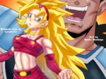 Bra SSJ con cabello rubio largo, top corto y minifalda rosa ajustada, junto a un Vegeta musculoso y excitado.