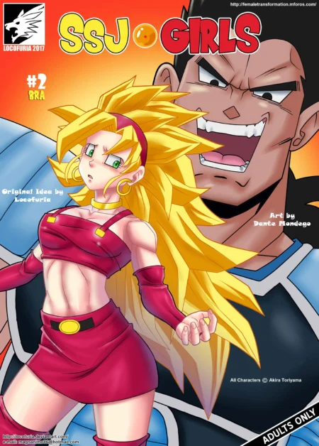 Bra SSJ con cabello rubio largo, top corto y minifalda rosa ajustada, junto a un Vegeta musculoso y excitado.