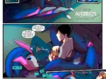 Hombre y robot Transformer abrazados en el sofá mientras ella lo excita rozándolo con su enorme trasero metálico.