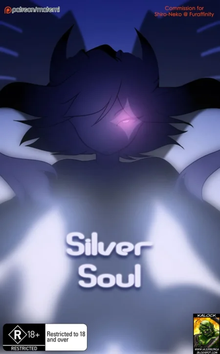 Silueta oscura de demonio con un ojo brillante y pechos grandes sobre fondo blanco, portada de Silver Soul Vol.1 Matemi.