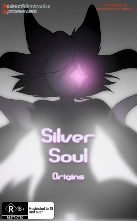 Silueta oscura de Matemi en Silver Soul Origins con pechos grandes y un ojo brillante sobre fondo gris.