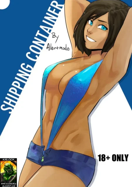 Mujer morena de ojos azules con bikini azul diminuto que deja expuestos sus pechos y abdomen en Shipping Container.