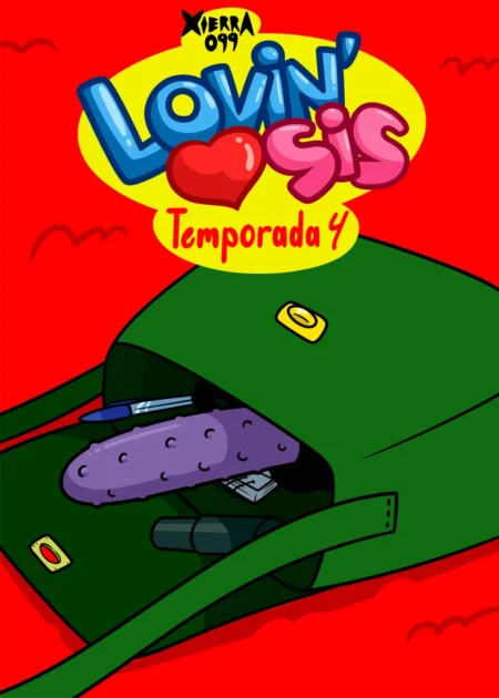 Bolso verde con un dildo morado y un vibrador negro, portada de Lovin' Sis Temporada 4 de Xierra sobre fondo rojo.
