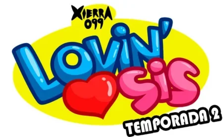 Logo de Lovin’ Sis Temporada 2 de Xierra con letras azules y rosas, un corazón rojo y fondo amarillo sobre fondo blanco.