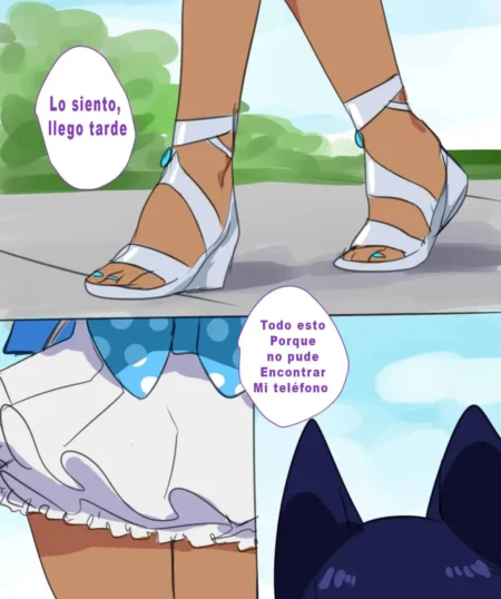 Mujer morena con sandalias blancas y minifalda blanca corta que deja ver sus muslos mientras habla con un gato.