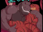 Dos dinosaurios antropomórficos musculosos en pose erótica, uno abrazando y tocando el trasero del otro.